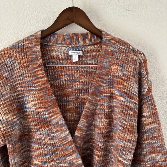 NINE WEST Oversized Wrap Sweater Small Belted Knit Coastal Boho Chic Eclectic - Picture 4 of 16